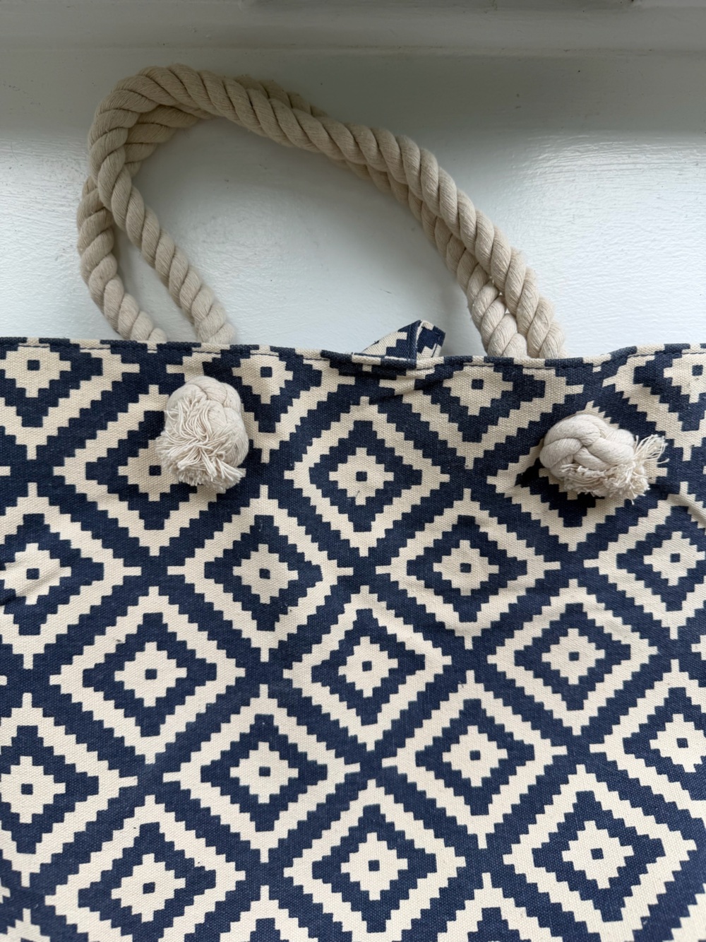 Summer & Rose Tote Bag w/blue and white pattern and Rope Handles